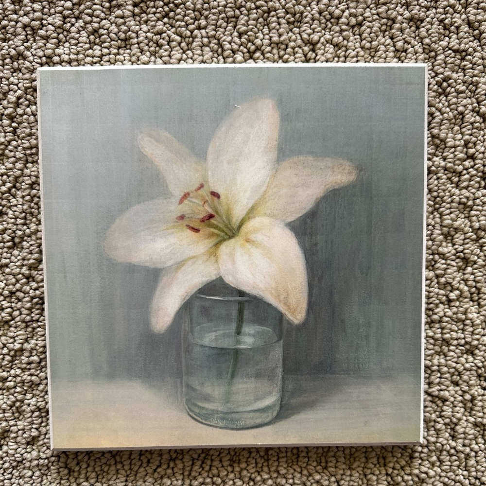 🪷White Lily Art on wood panel 8x8” blue white home decor